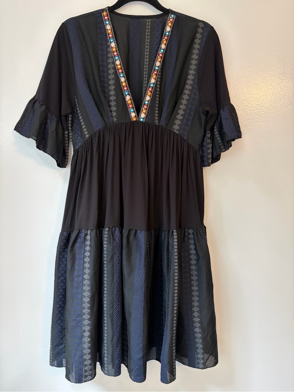 Made In Italy Short Sleece Boho Black Tiered Mini V-Neck Cotton Dress